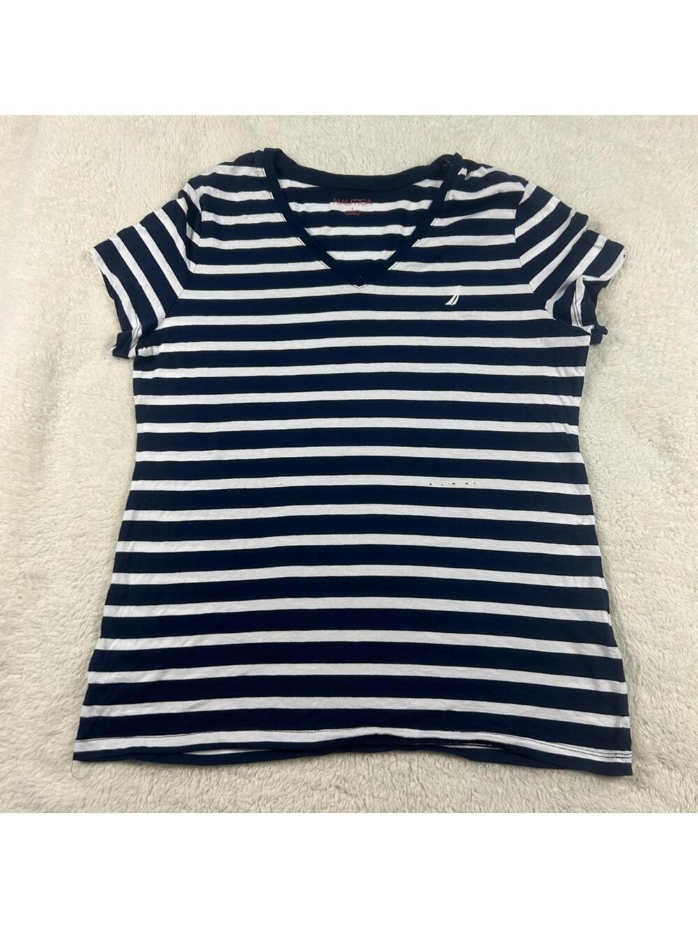 Nautica Women's Navy White Striped V-Neck Short Sleeve Tee Shirt Casual Top - Picture 1 of 9